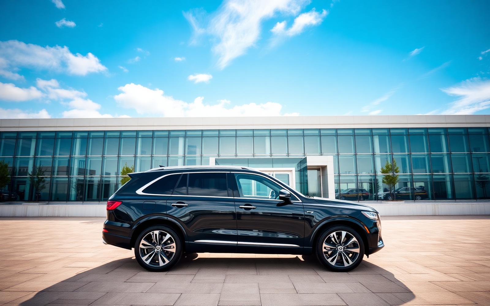 Black luxury SUV in front of a modern glass building