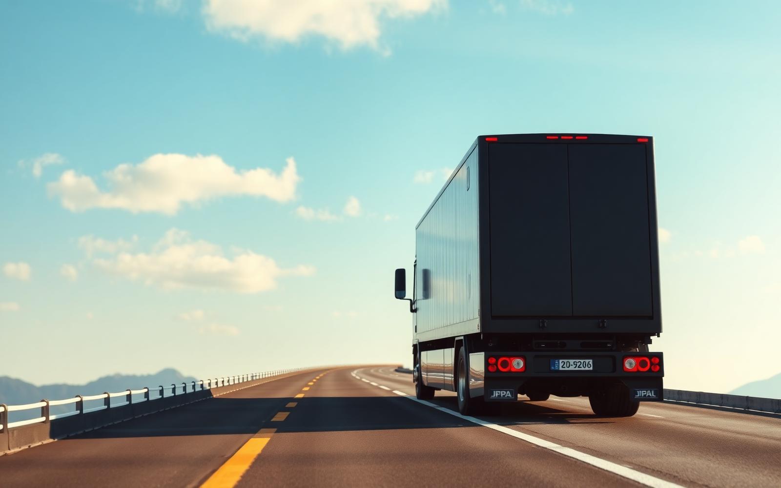 Black electric freight truck crossing a long suspension bridge under a bright sky