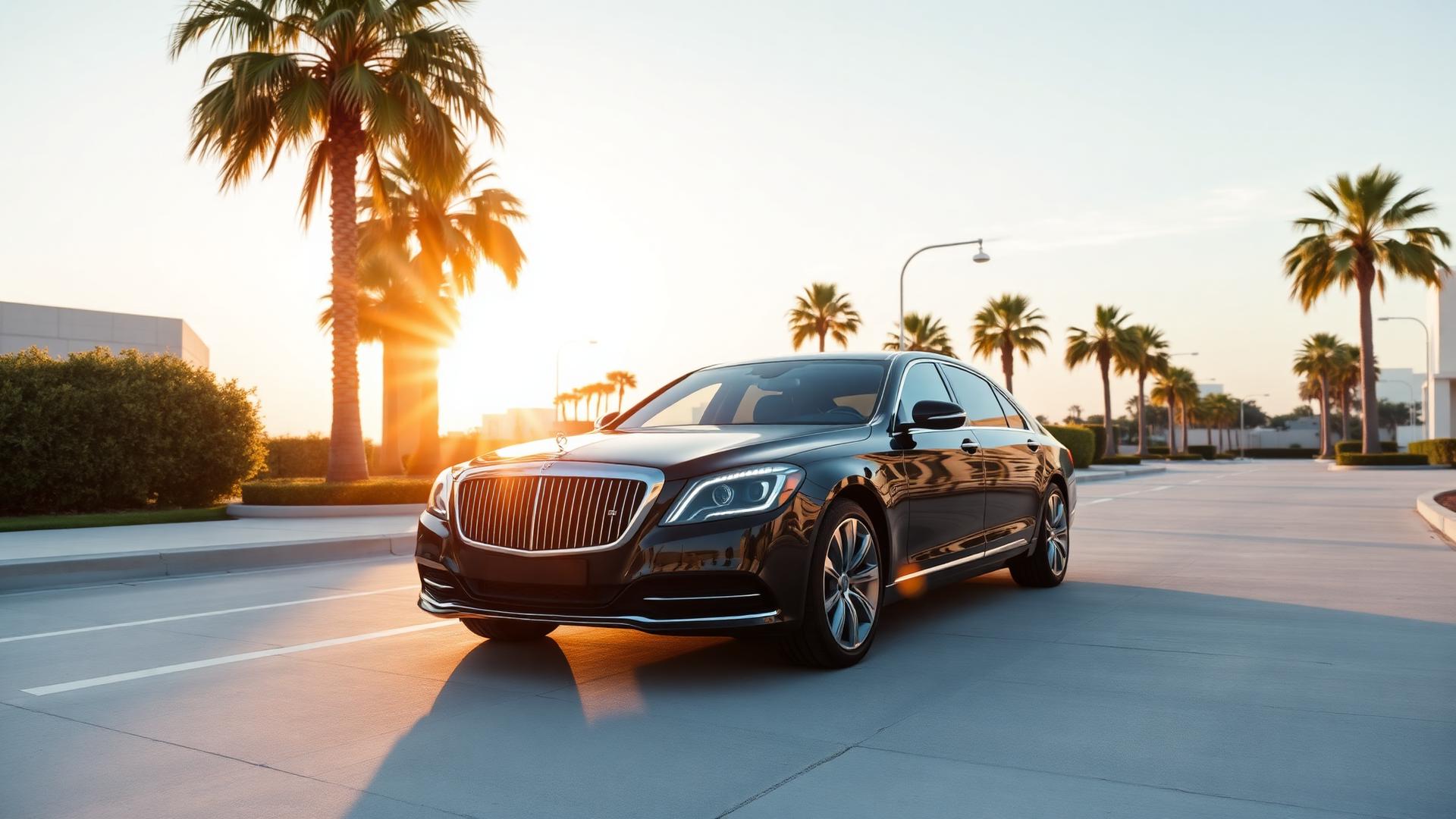 Black luxury sedan on a sunlit boulevard