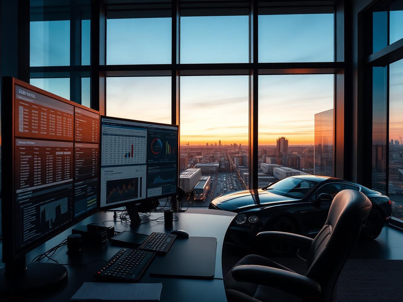 Broker workstation with multi-monitor rate sheets and a Bentley parked outside a London skyscraper