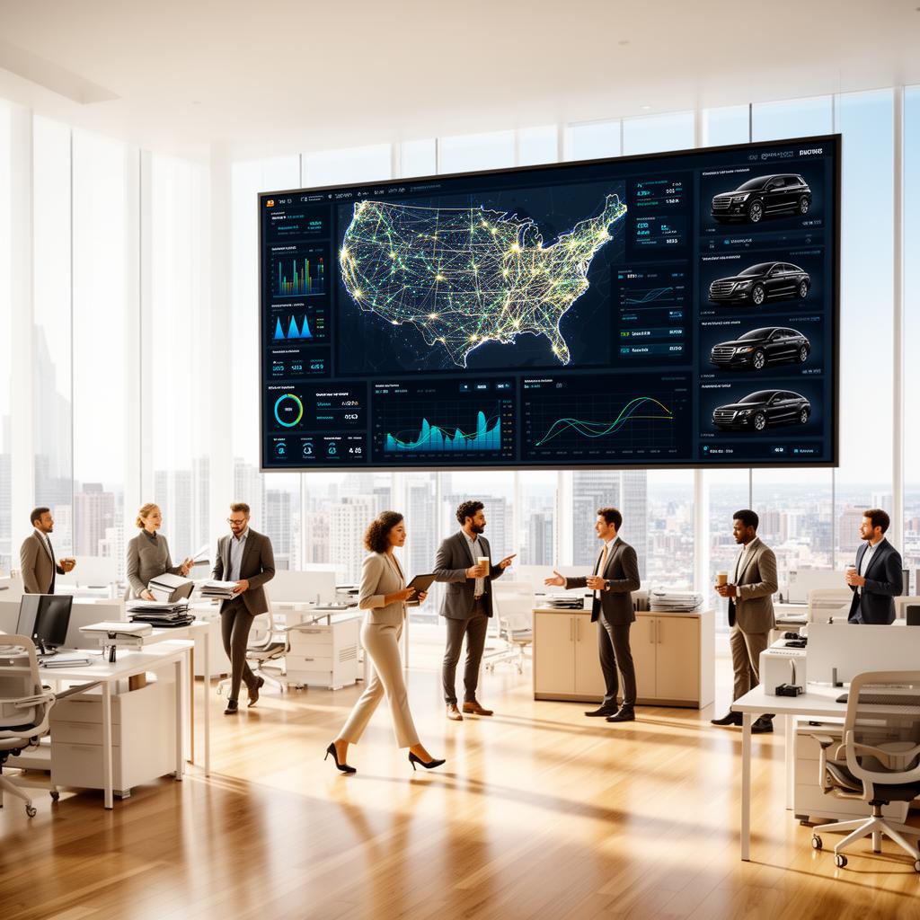 Modern upscale support team working in a bright tech call center with panoramic city views