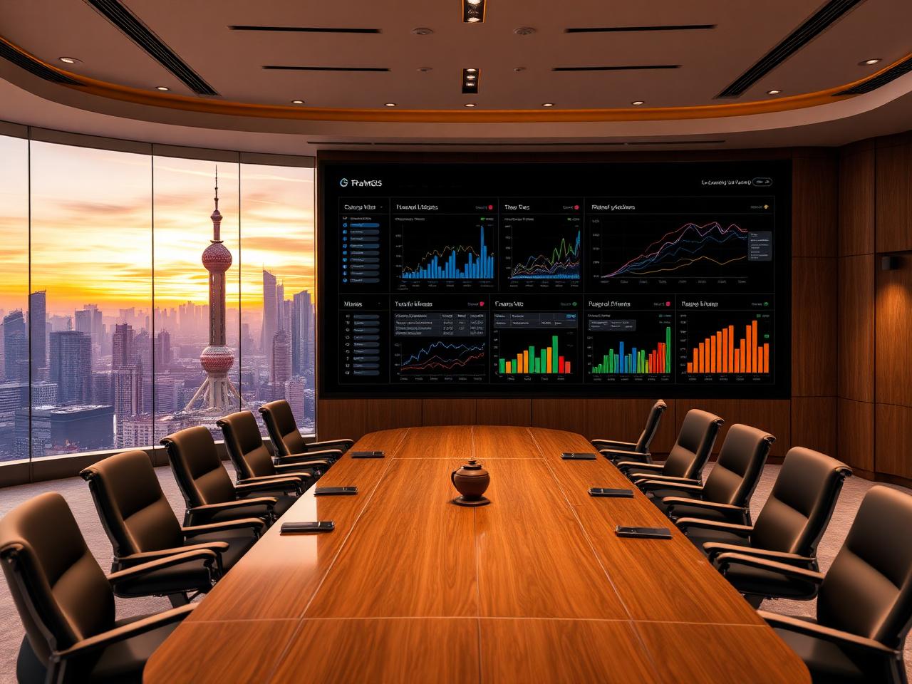 Executive boardroom with custom KPI dashboards over a Shanghai skyline at dusk