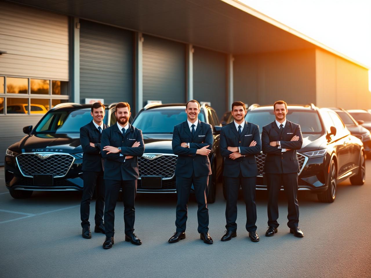 Five professional drivers in formation in front of a row of black luxury fleet vehicles