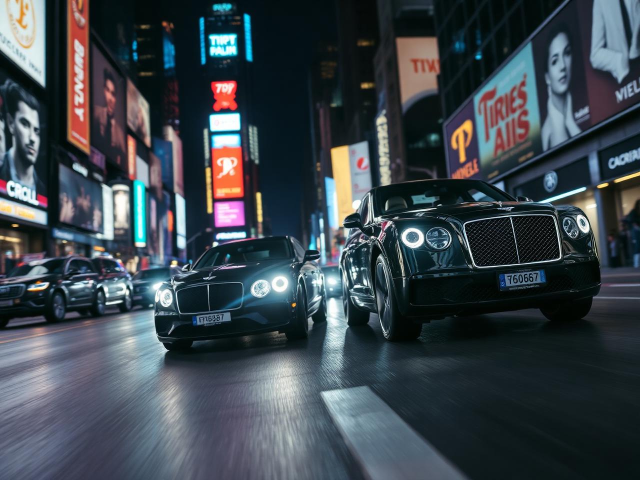 Black Bentley driving through nighttime Times Square neon lights