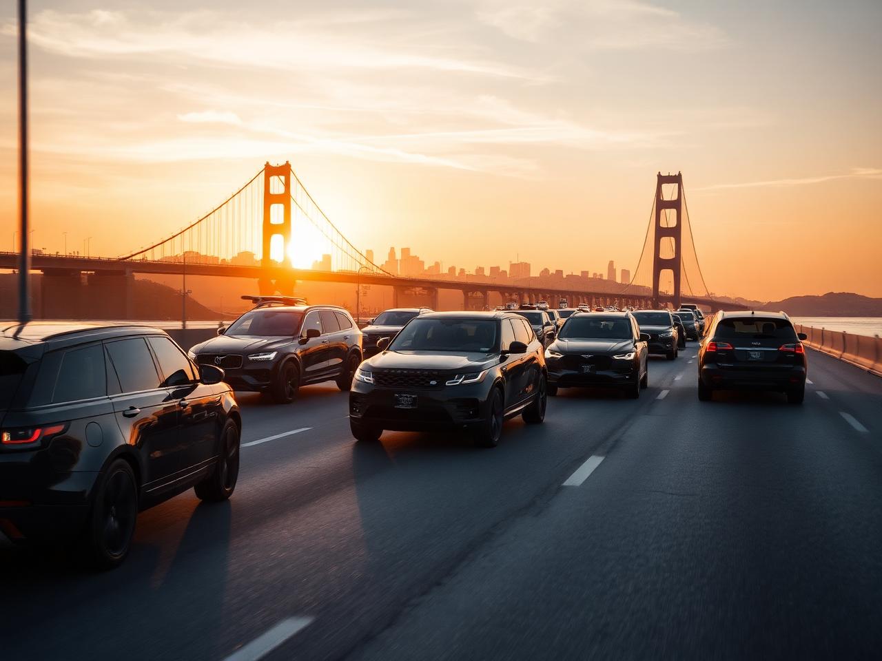 Fleet of black luxury SUVs cruising a premium highway lane at sunset