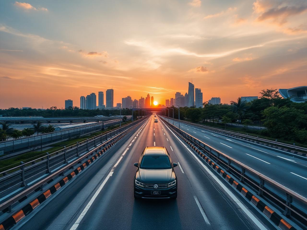 Aerial view of a luxury vehicle on a private exclusive highway in Singapore at sunset