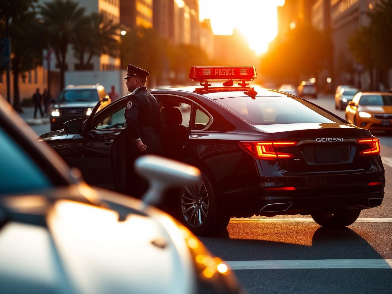 Driver in uniform stepping out of a luxury Genesis sedan to take over a rescue assignment