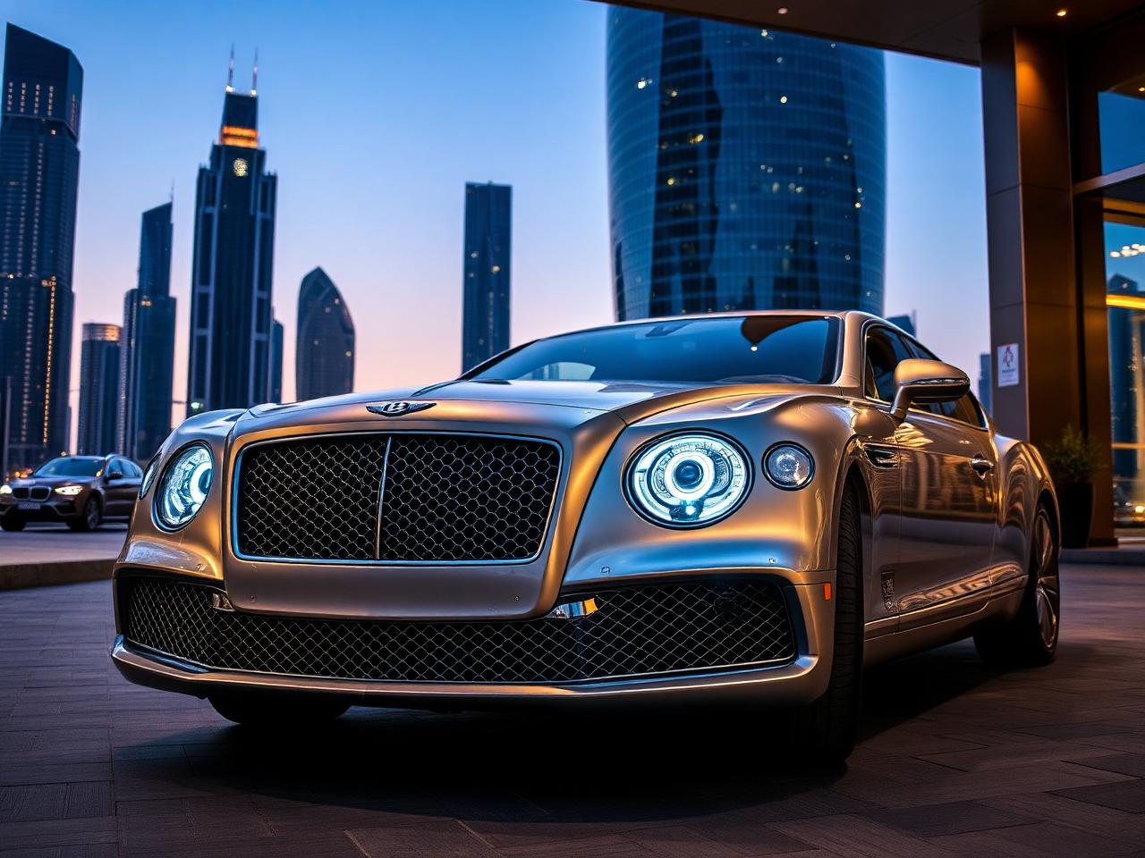 Platinum Bentley in front of a Dubai enterprise headquarters at dusk