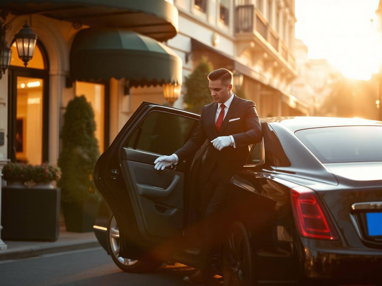 Chauffeur in white gloves opening a black Bentley door at a luxury Paris hotel