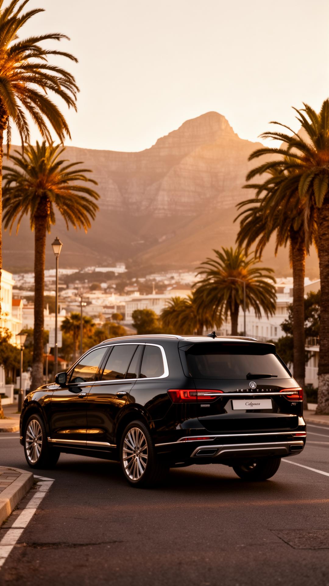 Black luxury SUV on a Cape Town boulevard at golden hour with Table Mountain