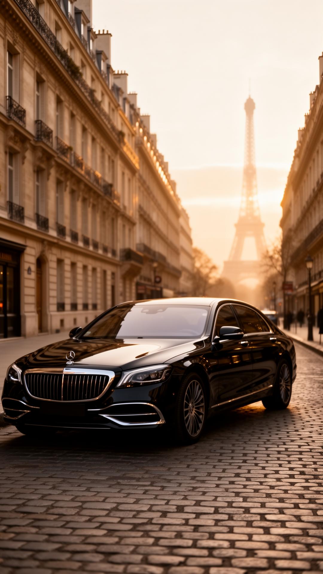 Black luxury sedan on a Paris cobblestone street at golden dawn with the Eiffel Tower in the background