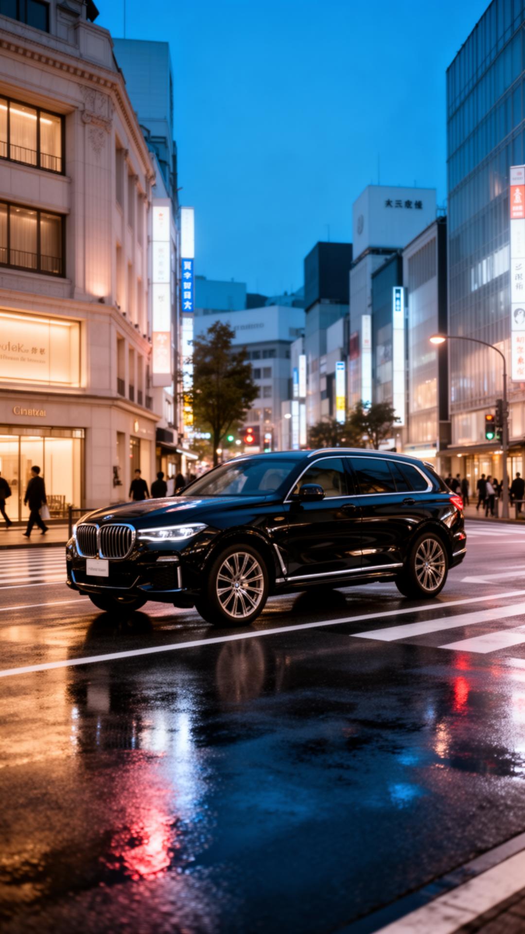 Black luxury SUV in Tokyo's Ginza district at blue hour