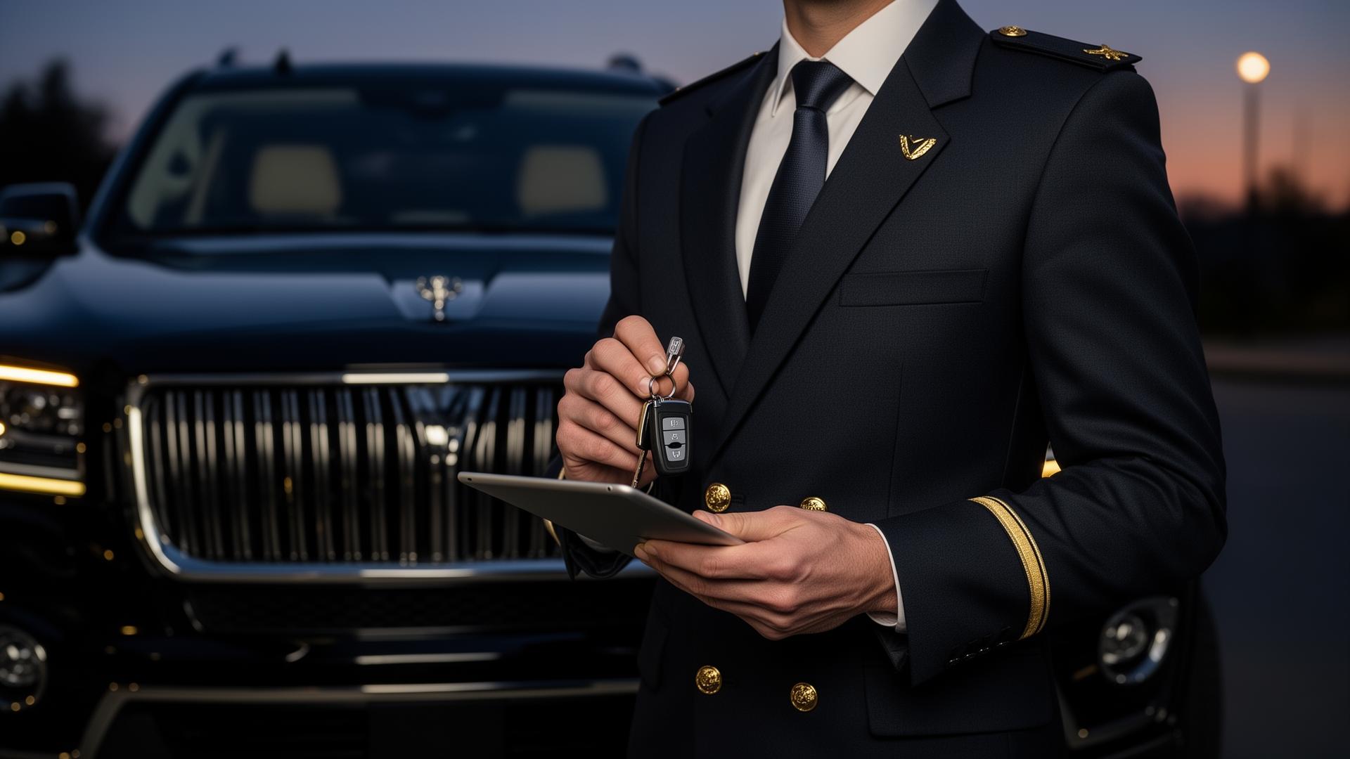 Verified chauffeur in tailored uniform holding keys and a tablet beside a polished black SUV at dusk