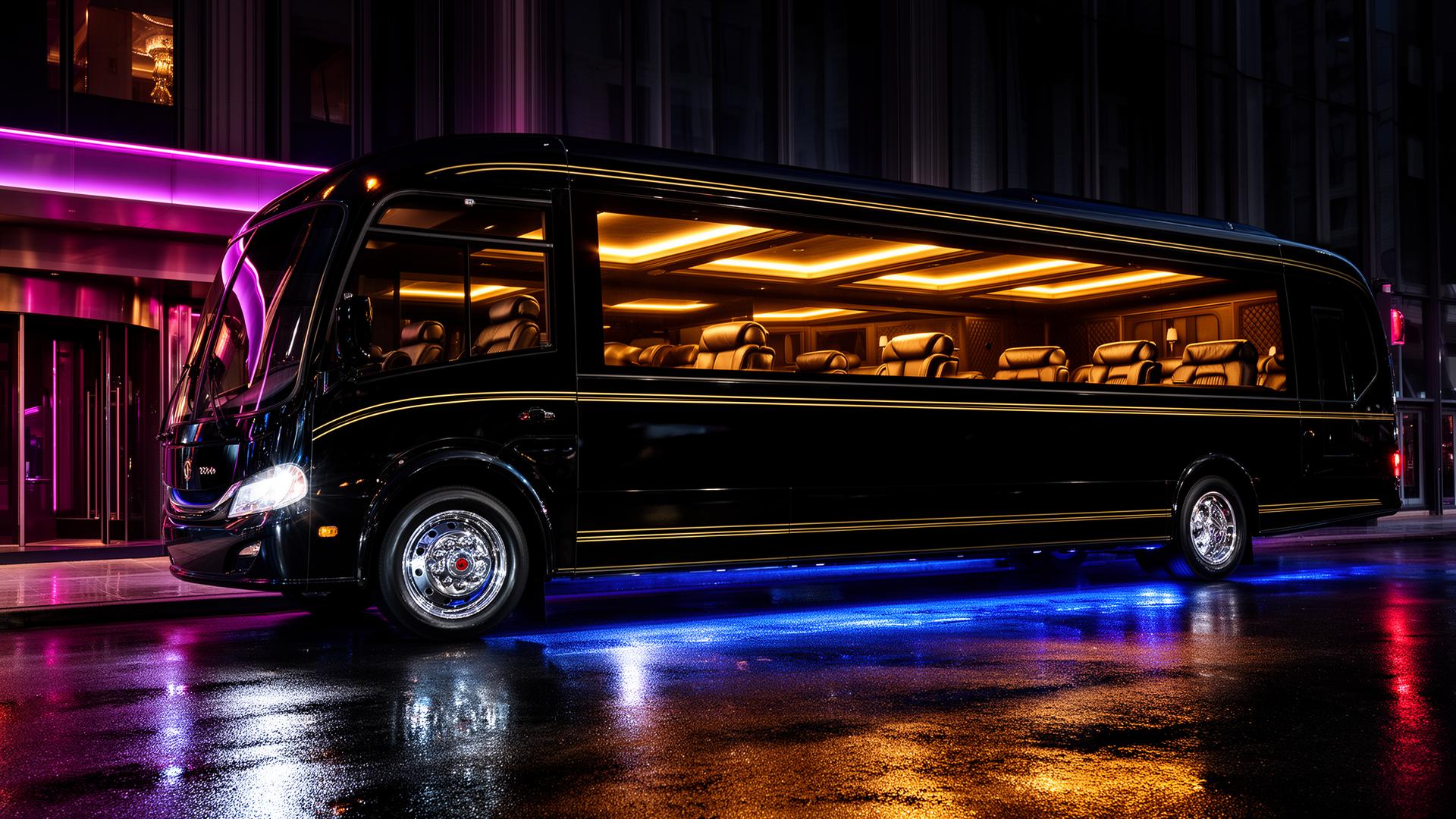Black luxury party bus with gold trim and warm interior LED lighting parked outside a modern nightclub at night