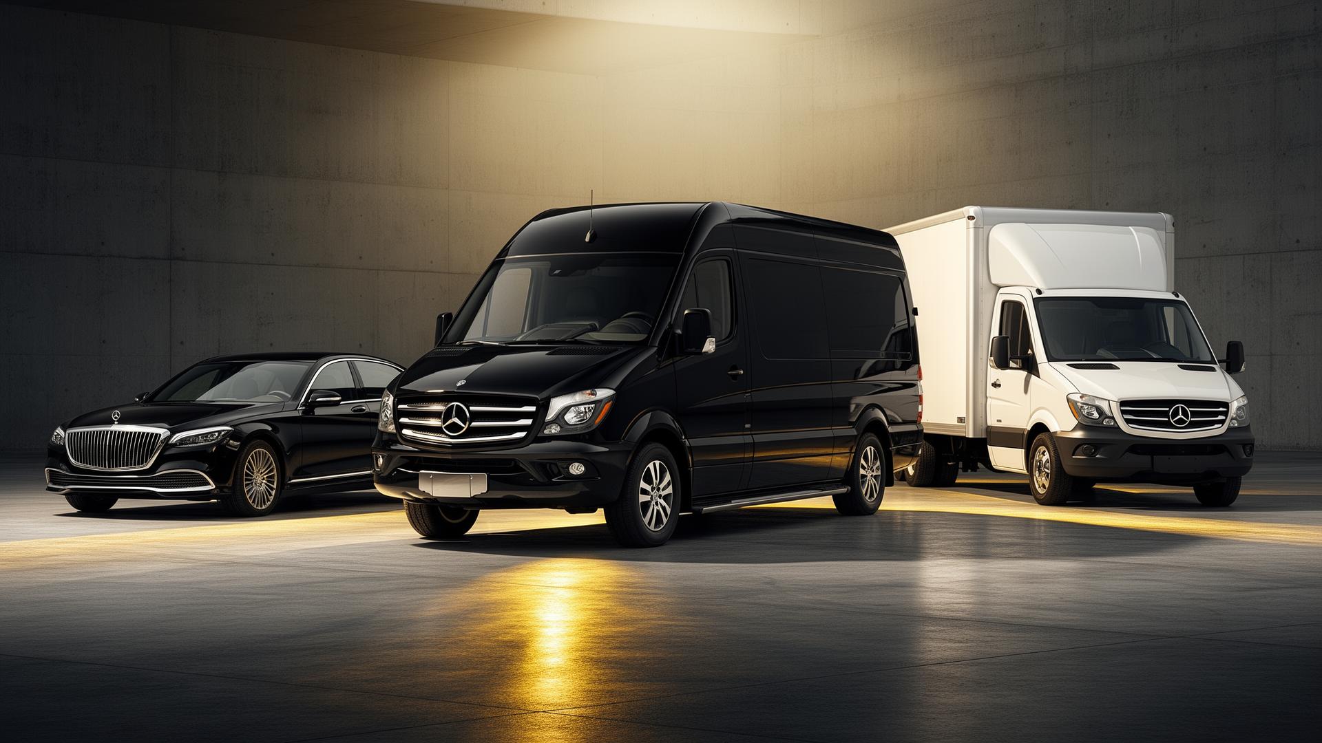 Three vehicles representing Elite Fleet tiers: luxury sedan, executive Sprinter, white box truck