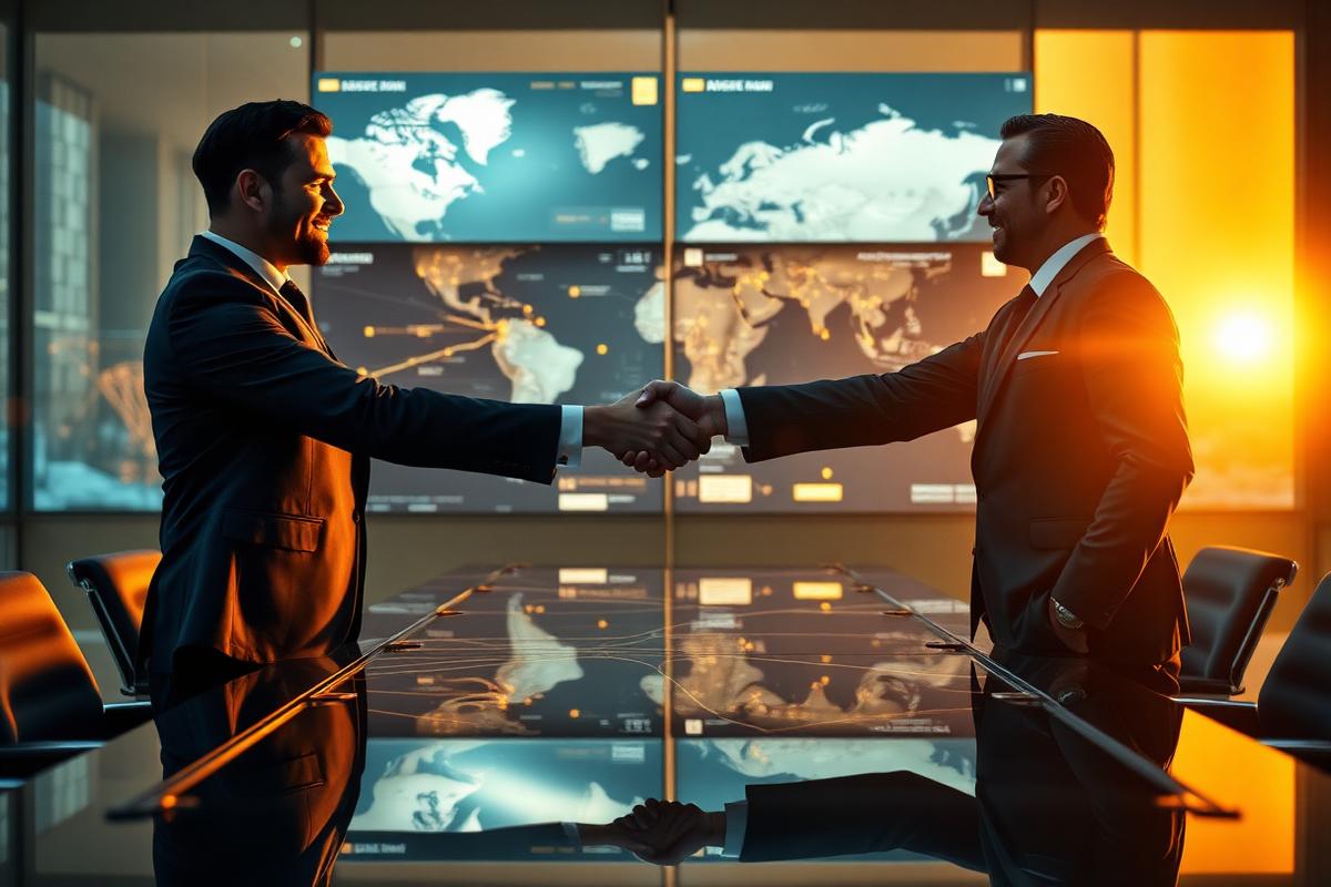Enterprise executives finalizing a contract over a glowing route map