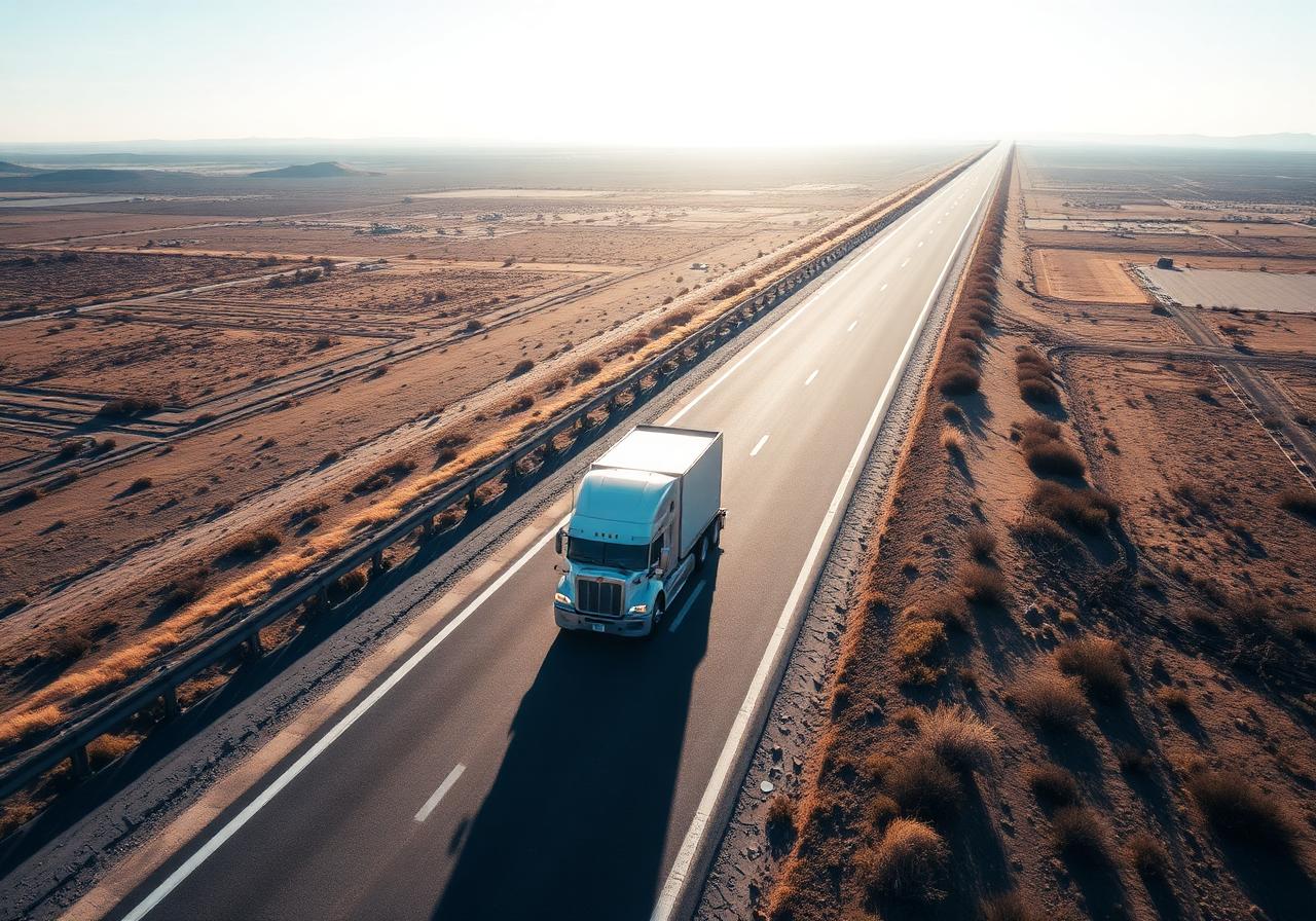 Semi-truck on a long straight highway through farmland at sunset