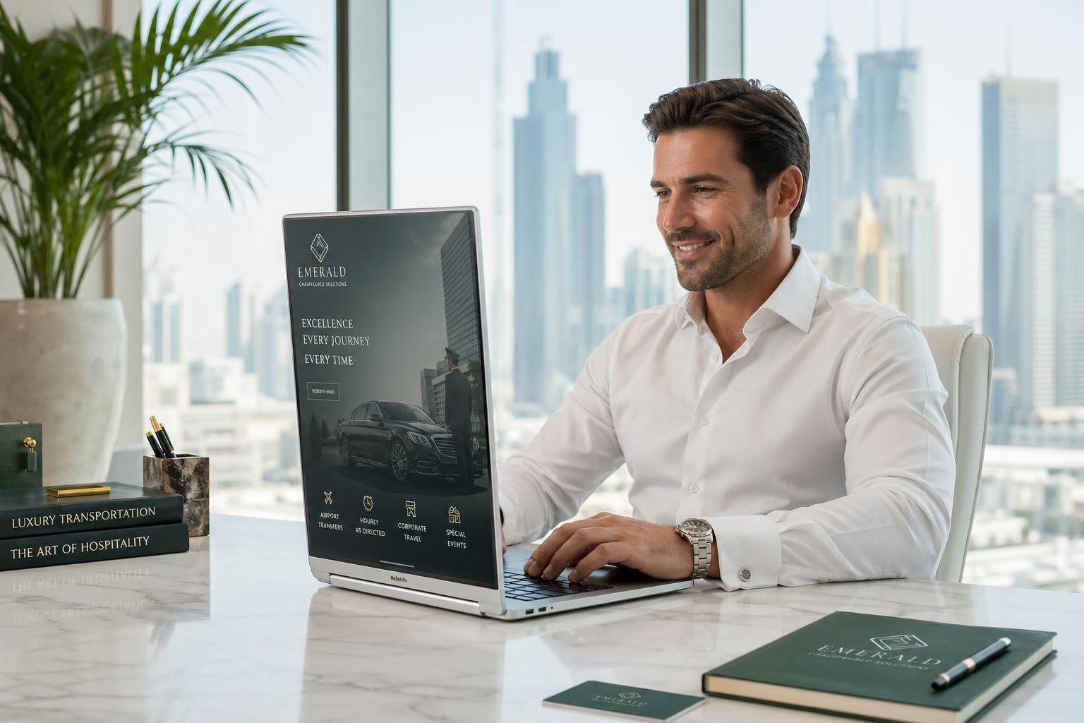 Professional working on a laptop in a sunlit modern office with city skyline