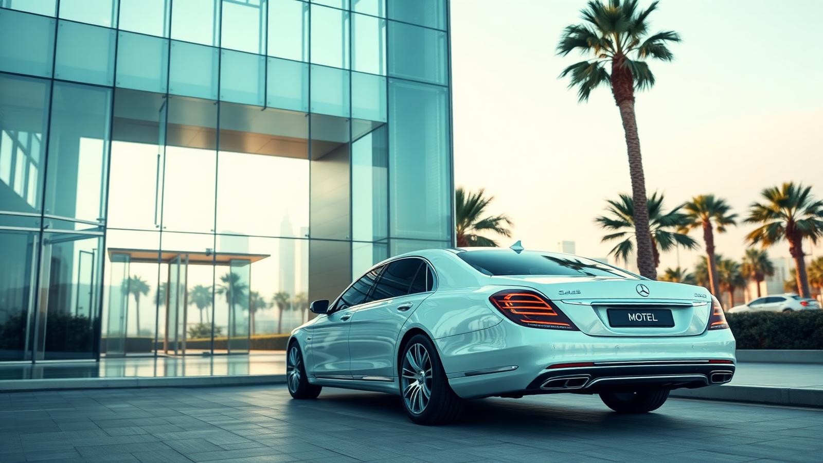 White luxury sedan arriving at a sunlit modern hotel entrance