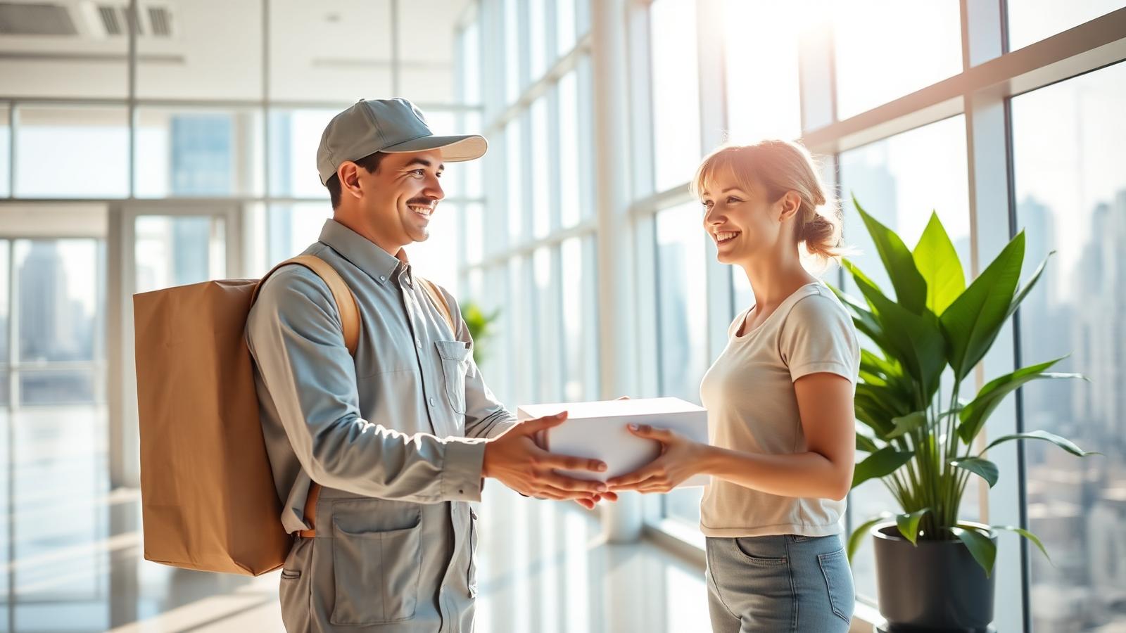Courier handing a package to a recipient in a bright glass office lobby