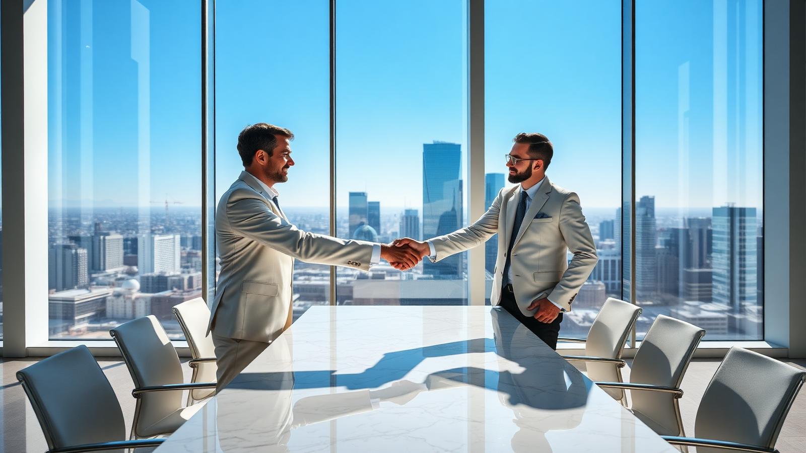 Two professionals shaking hands in a bright modern conference room with city skyline