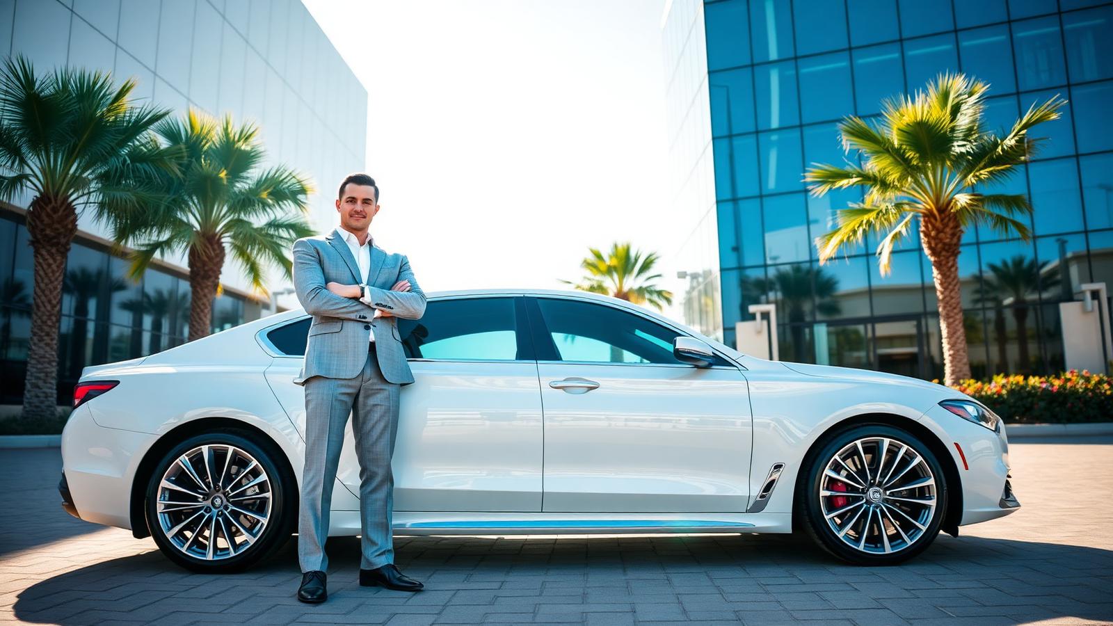 Professional driver beside a white luxury sedan in front of a sunlit modern building