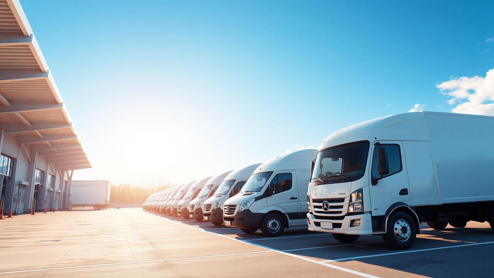Row of clean white sprinter vans and box trucks at a sunlit logistics yard