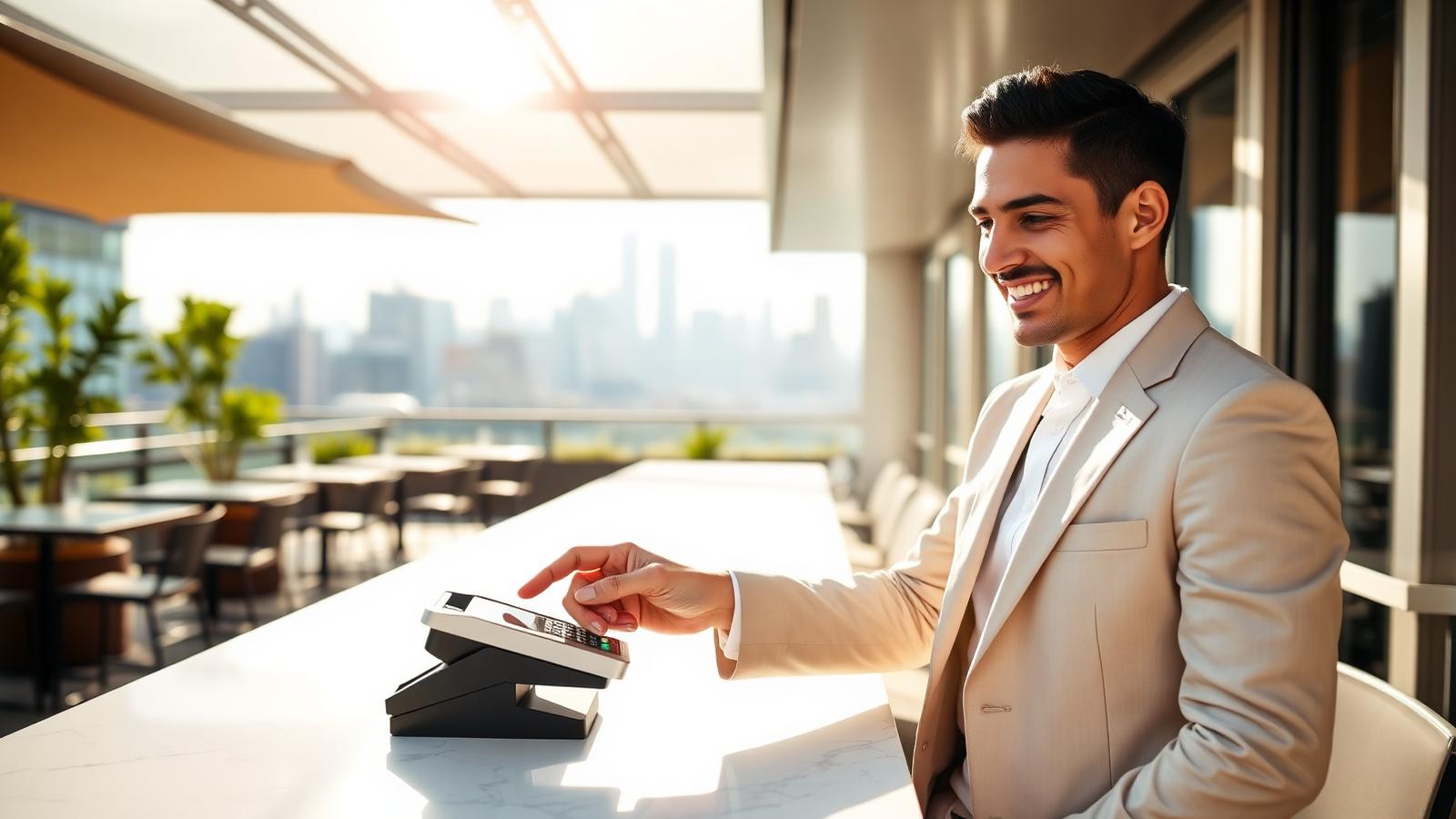 Professional tapping a contactless payment at a sunlit rooftop terrace