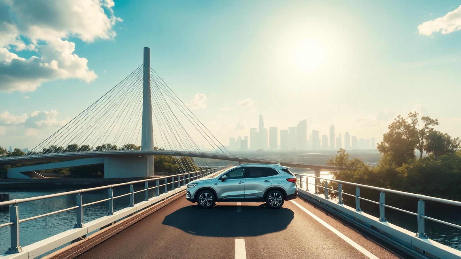 Clean white SUV crossing a sunlit suspension bridge over a river