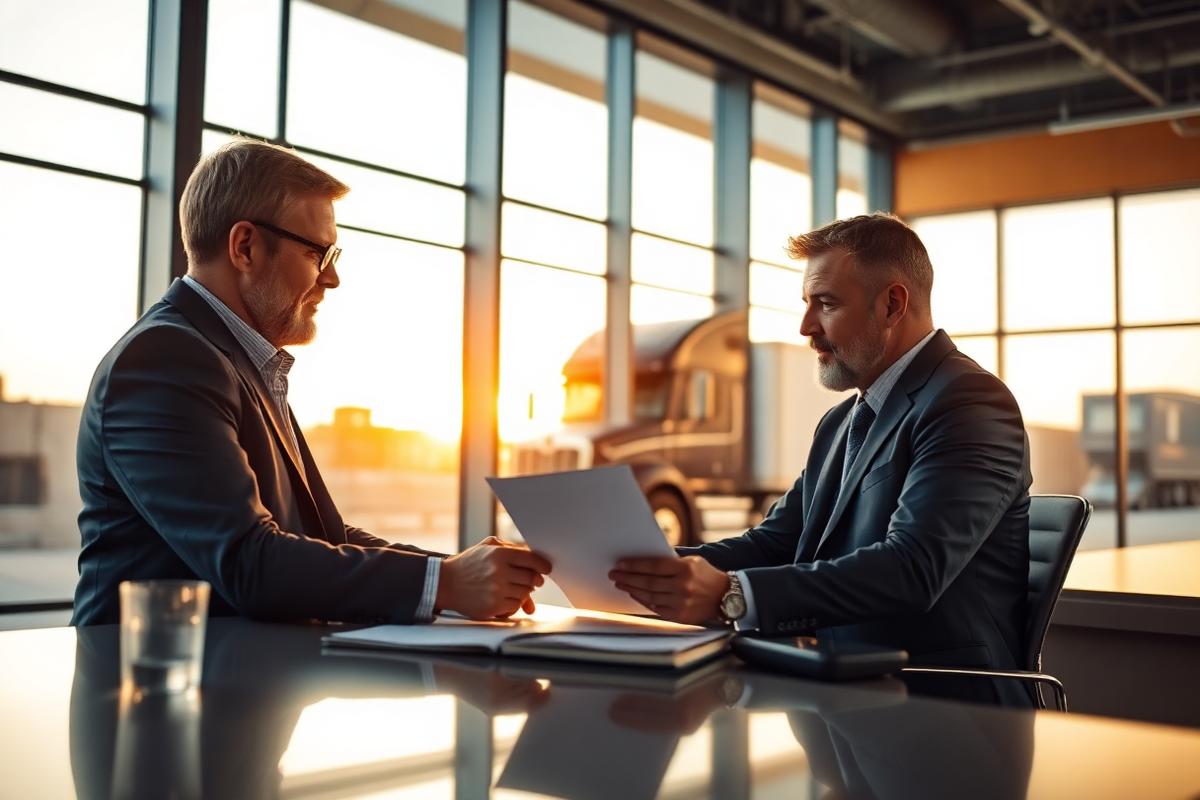 Banker and fleet operator reviewing financing paperwork with a freight truck visible outside