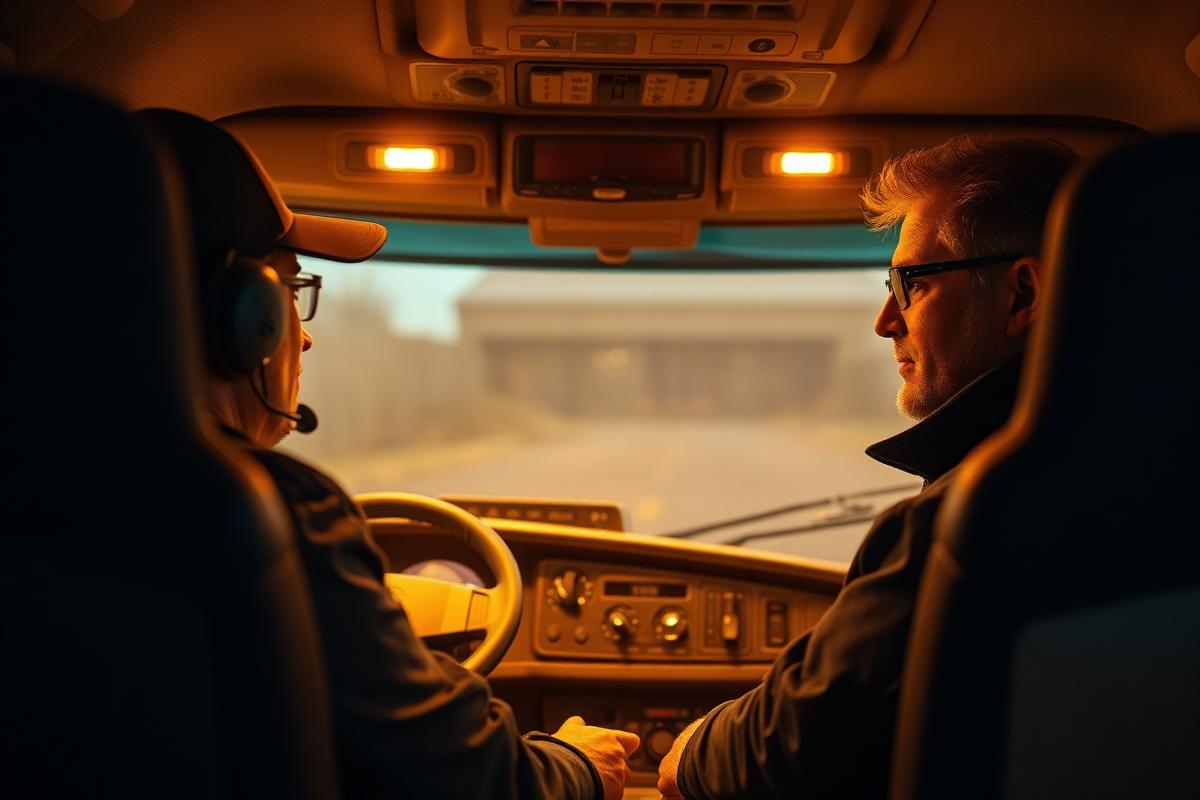 CDL instructor coaching a student in a semi-truck cab