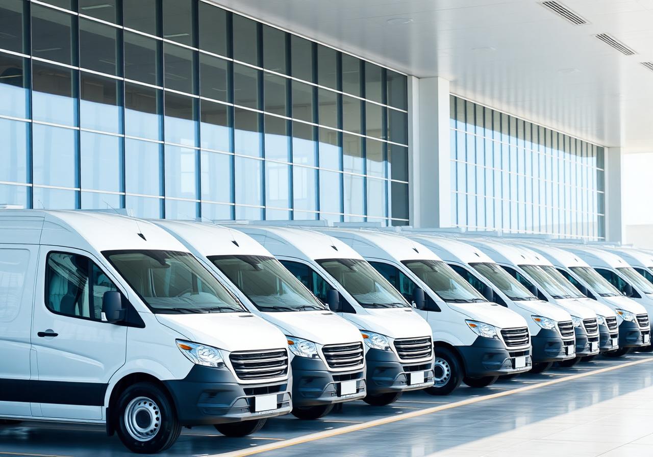 Row of polished delivery vans at sunset