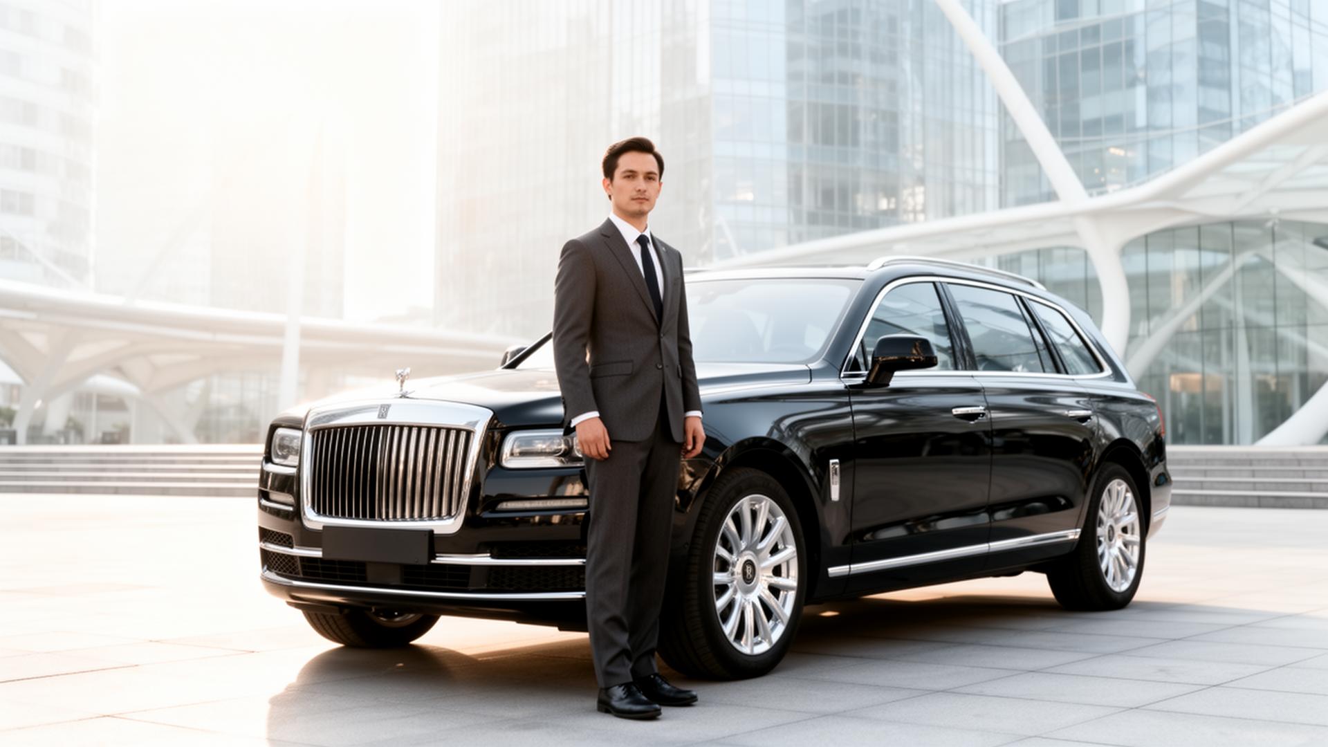Professional chauffeur in navy suit beside a luxury SUV at golden hour