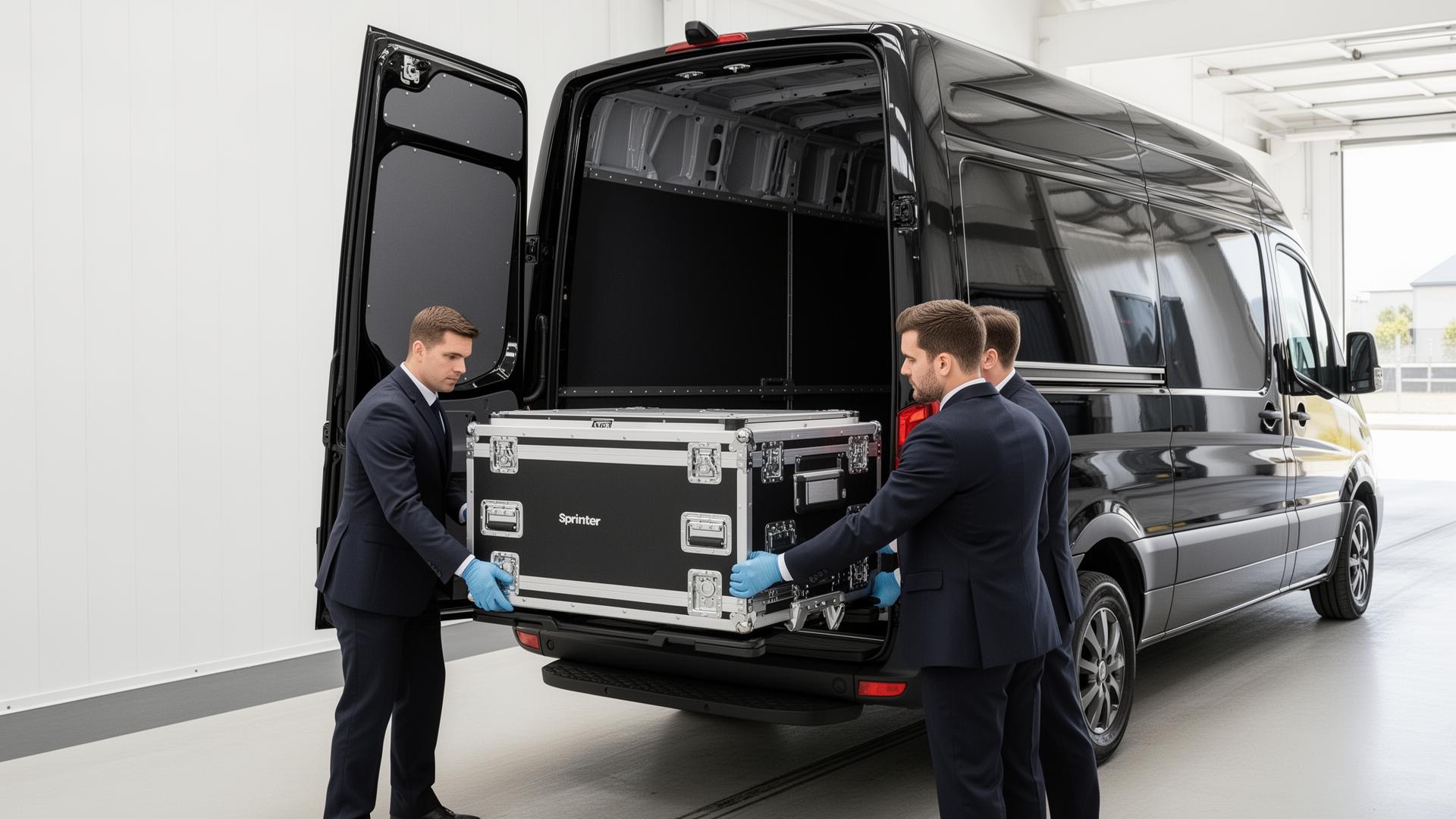 Secure flight case being loaded into a black Sprinter