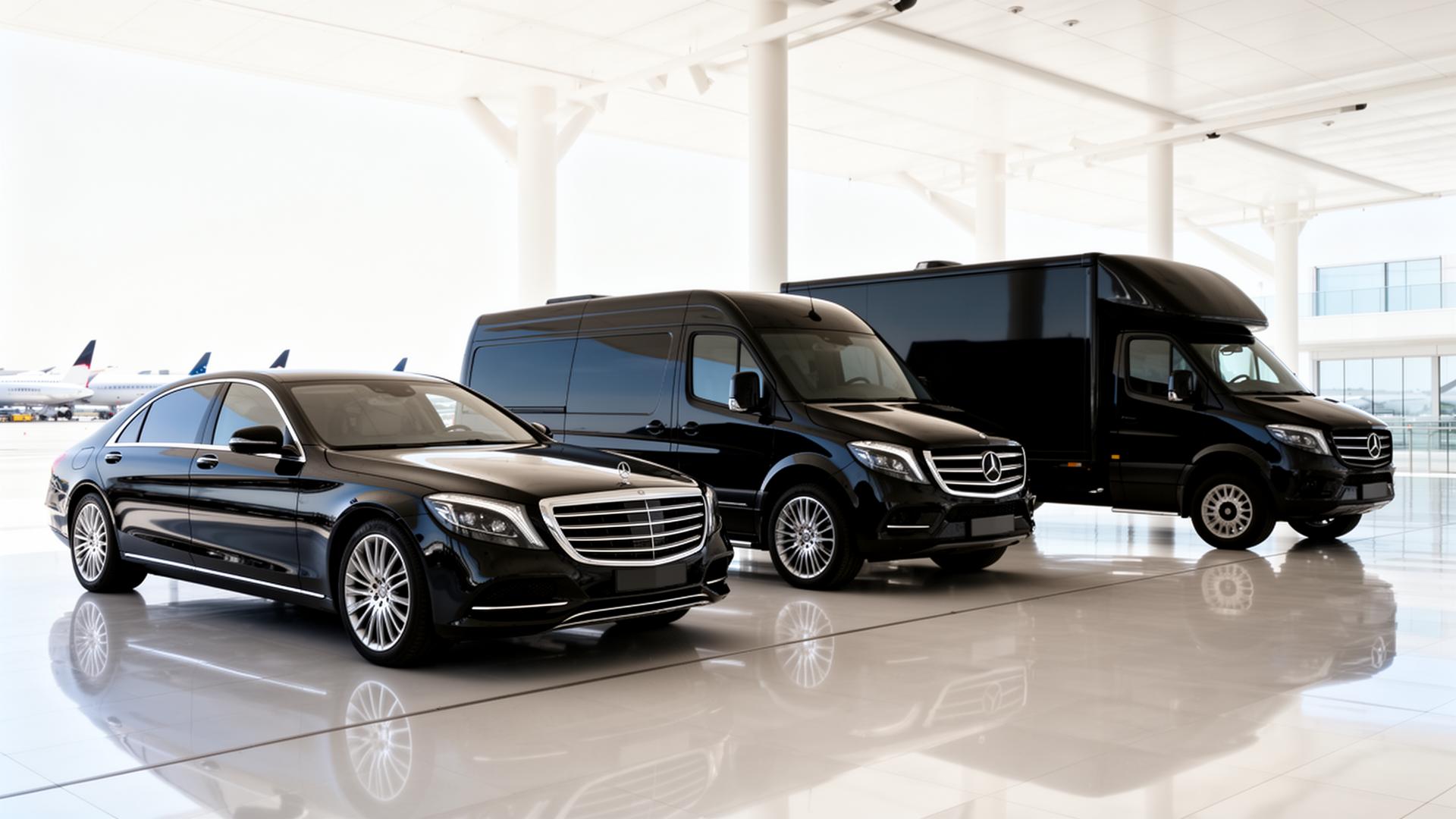 Black Mercedes sedan, Sprinter van, and box truck at a private terminal
