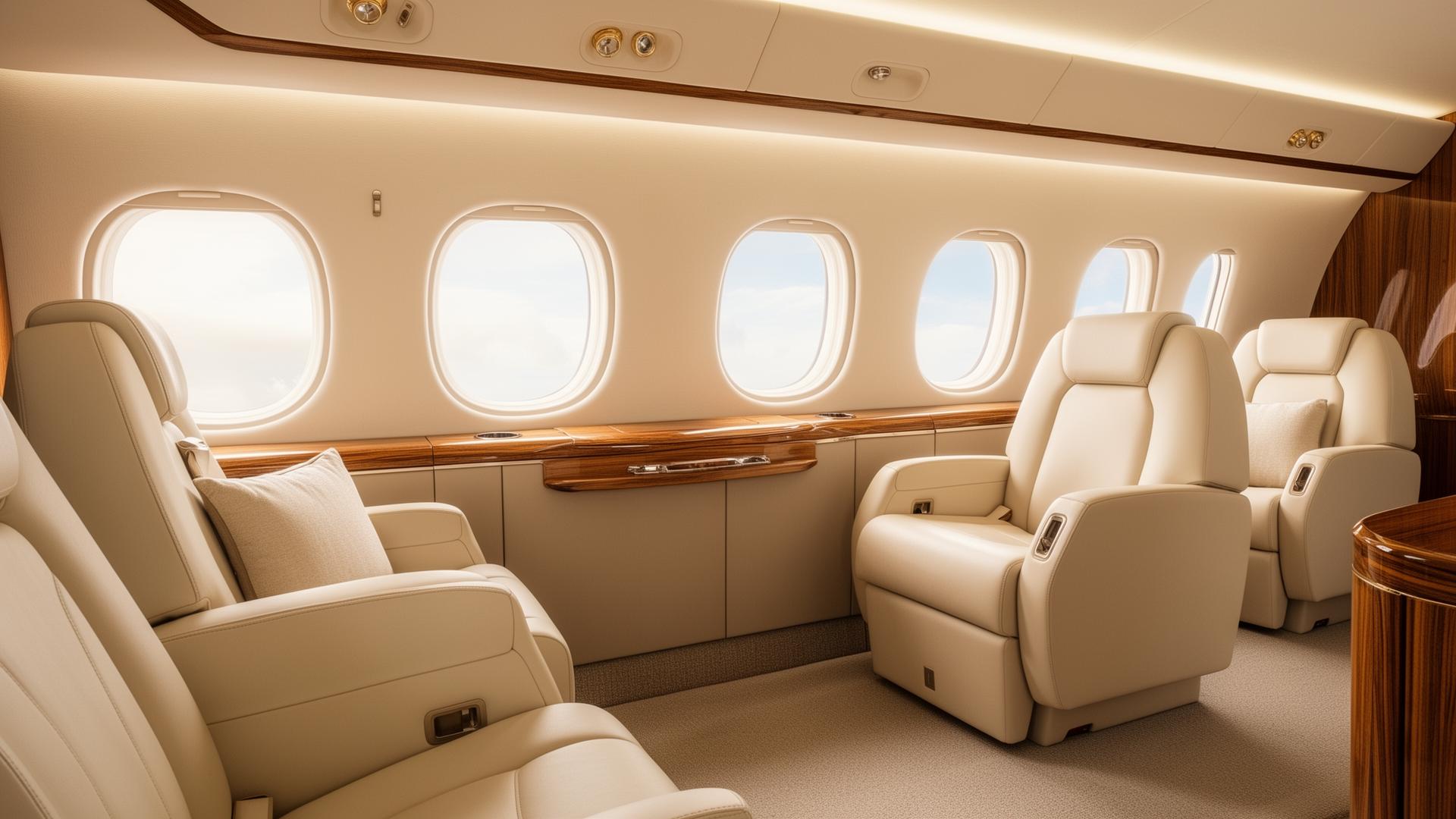 Bright luxurious private jet cabin interior