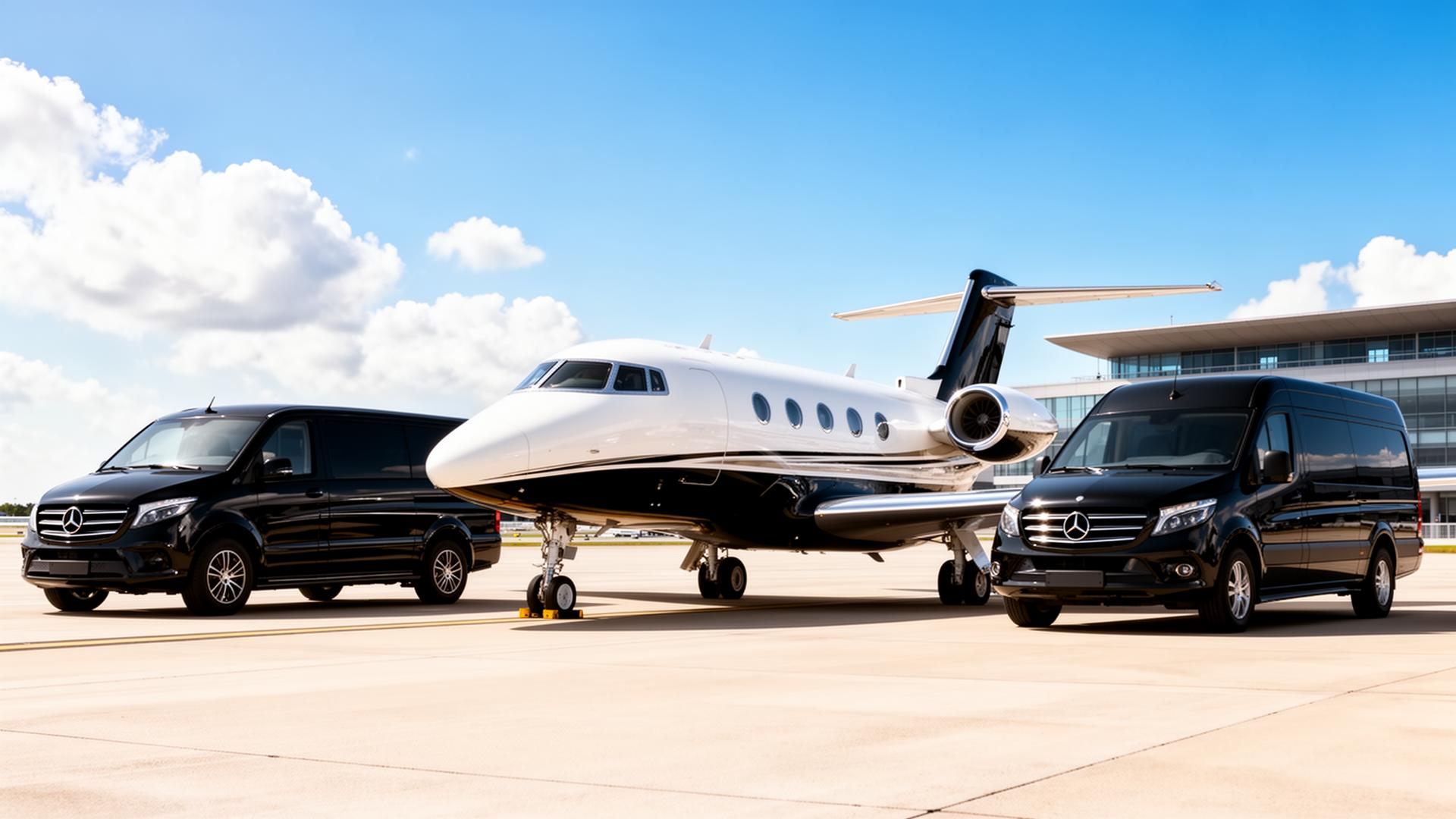 Private jet with black SUV and Sprinter on a sunlit tarmac