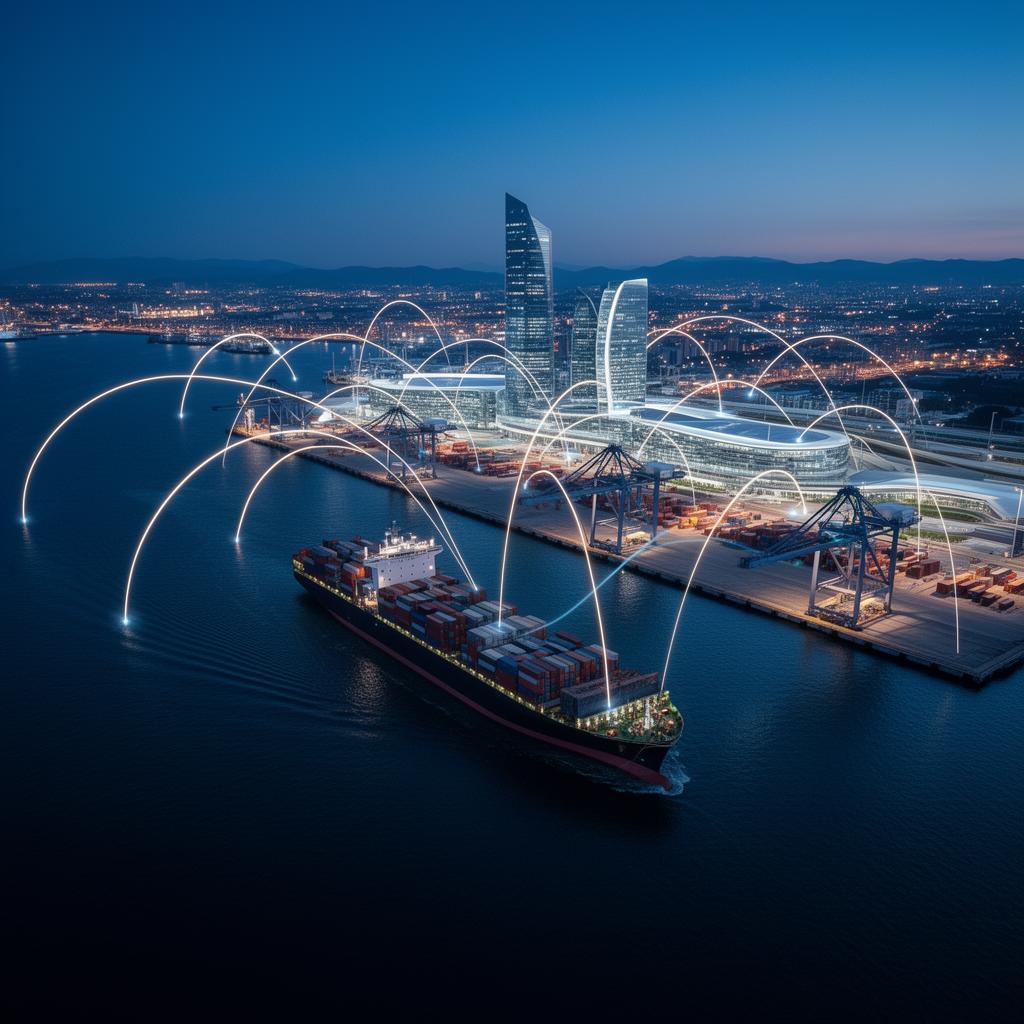 Cargo ship arriving at a futuristic foreign port with glowing global route lines