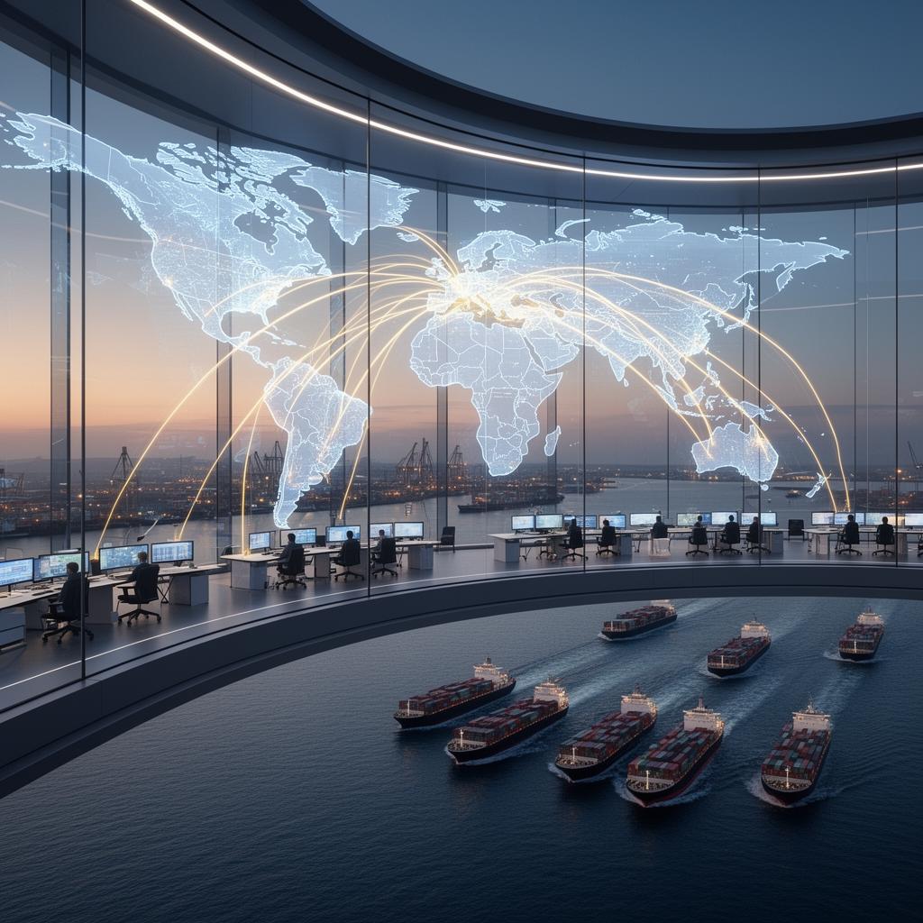 Glass control tower monitoring global shipping routes with a fleet departing the harbor