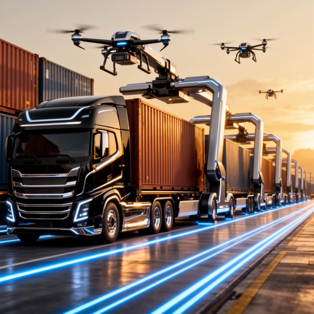 Robotic loading arms transferring containers onto a fleet of premium tractor-trailers