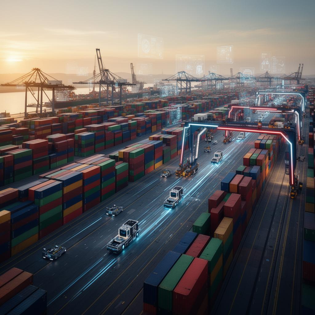Futuristic automated container yard with autonomous vehicles and routing lights