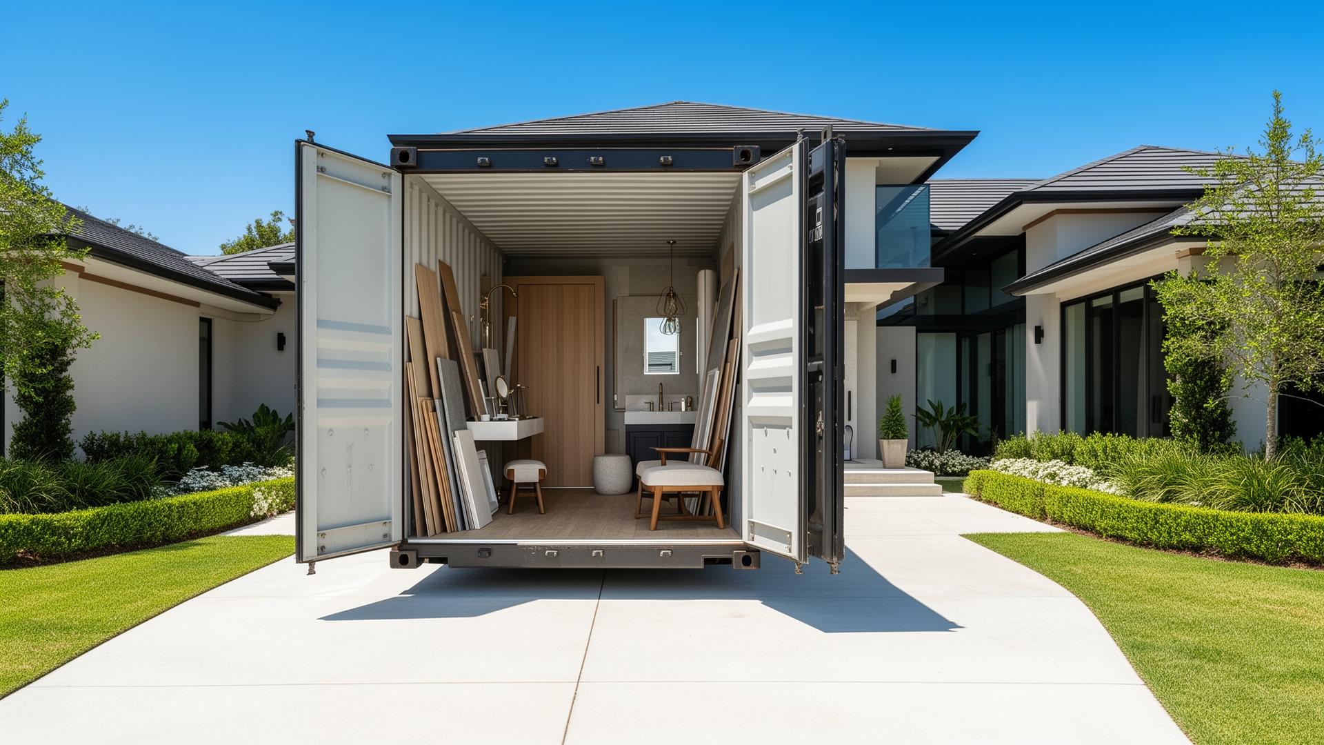 Container being delivered to a luxury home driveway