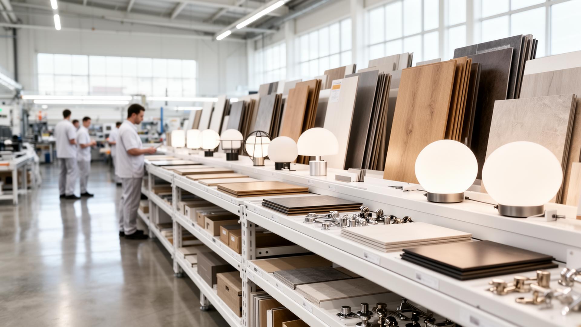 Bright modern factory with neat rows of premium materials