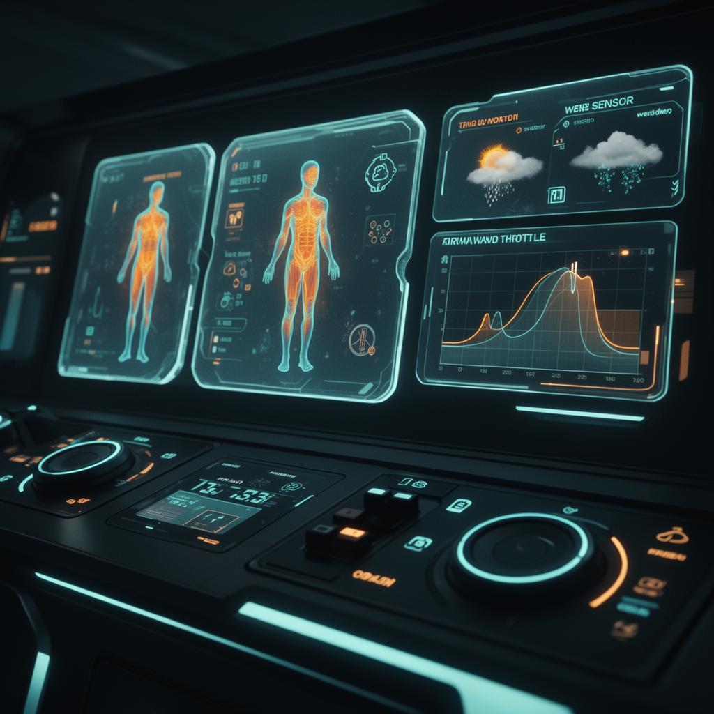 Futuristic CCOS AI dashboard regulating body heat, sweat, and weather