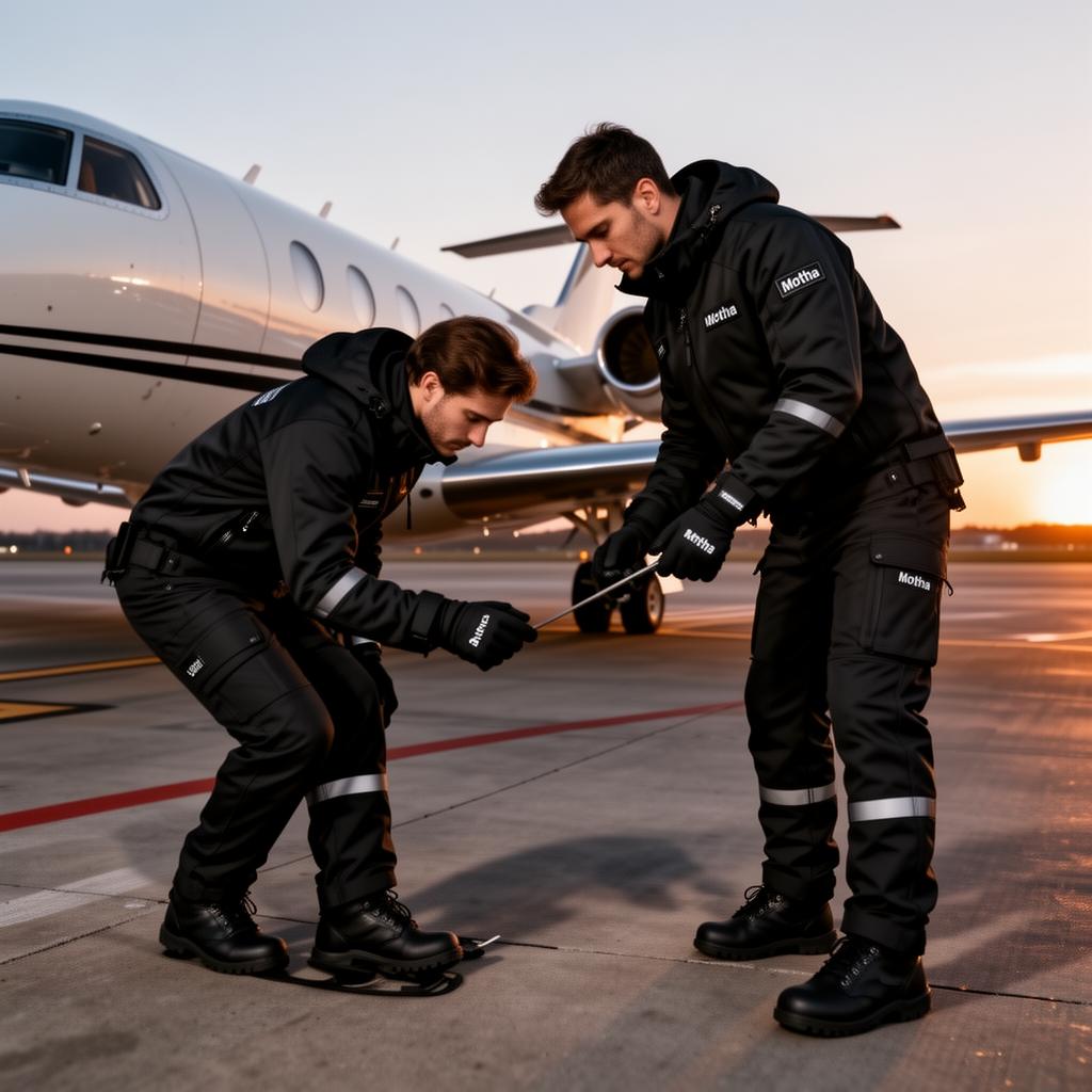Airport ground crew in full Motha thermal gear on the tarmac at dawn