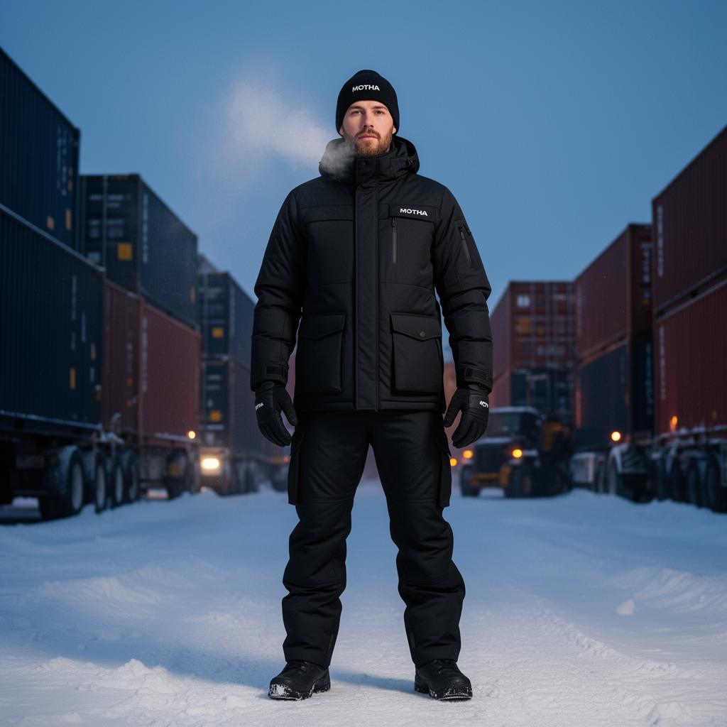 Cold-climate logistics worker in full Motha thermal gear at a snowy freight yard