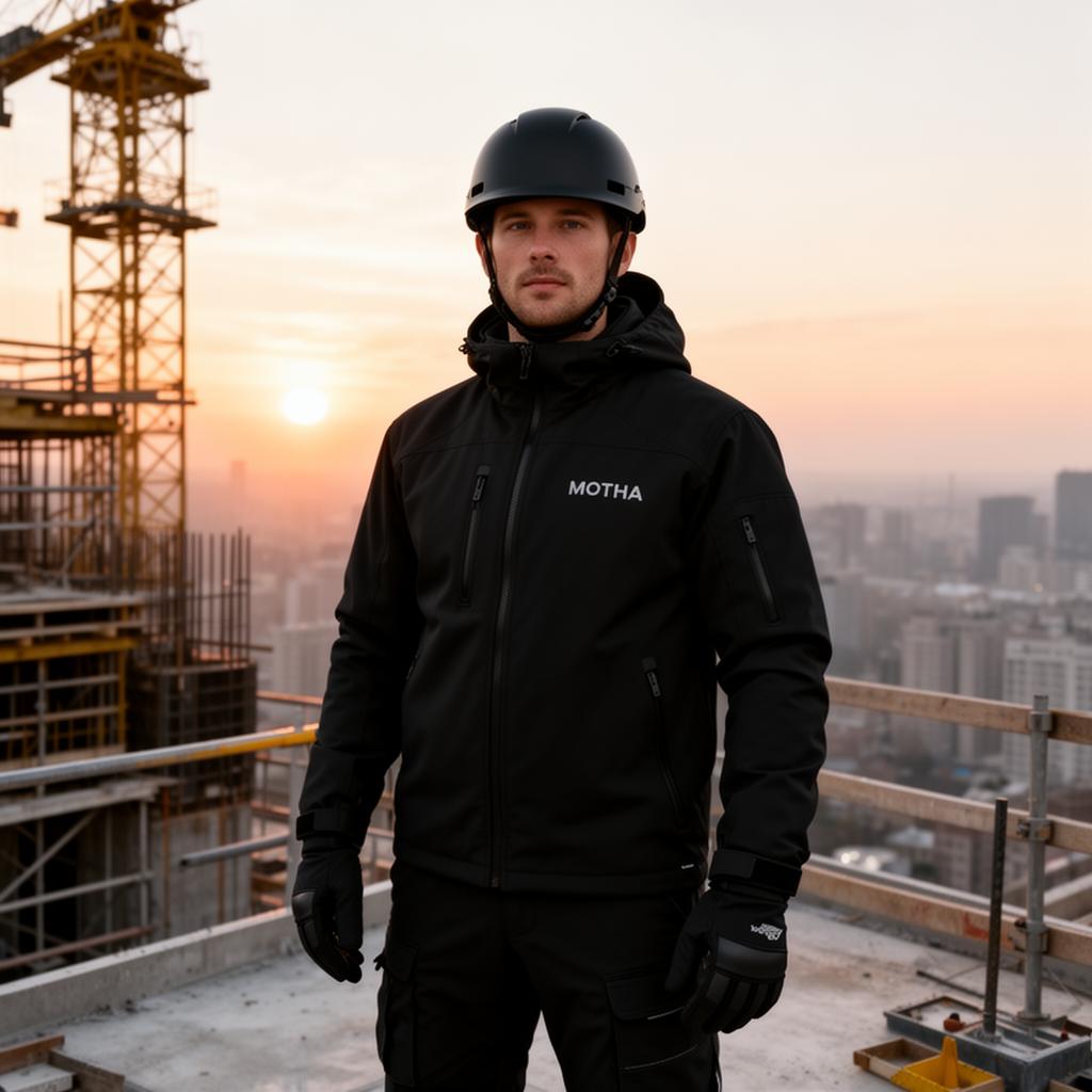Construction worker in full Motha thermal gear on a high-rise site at sunrise