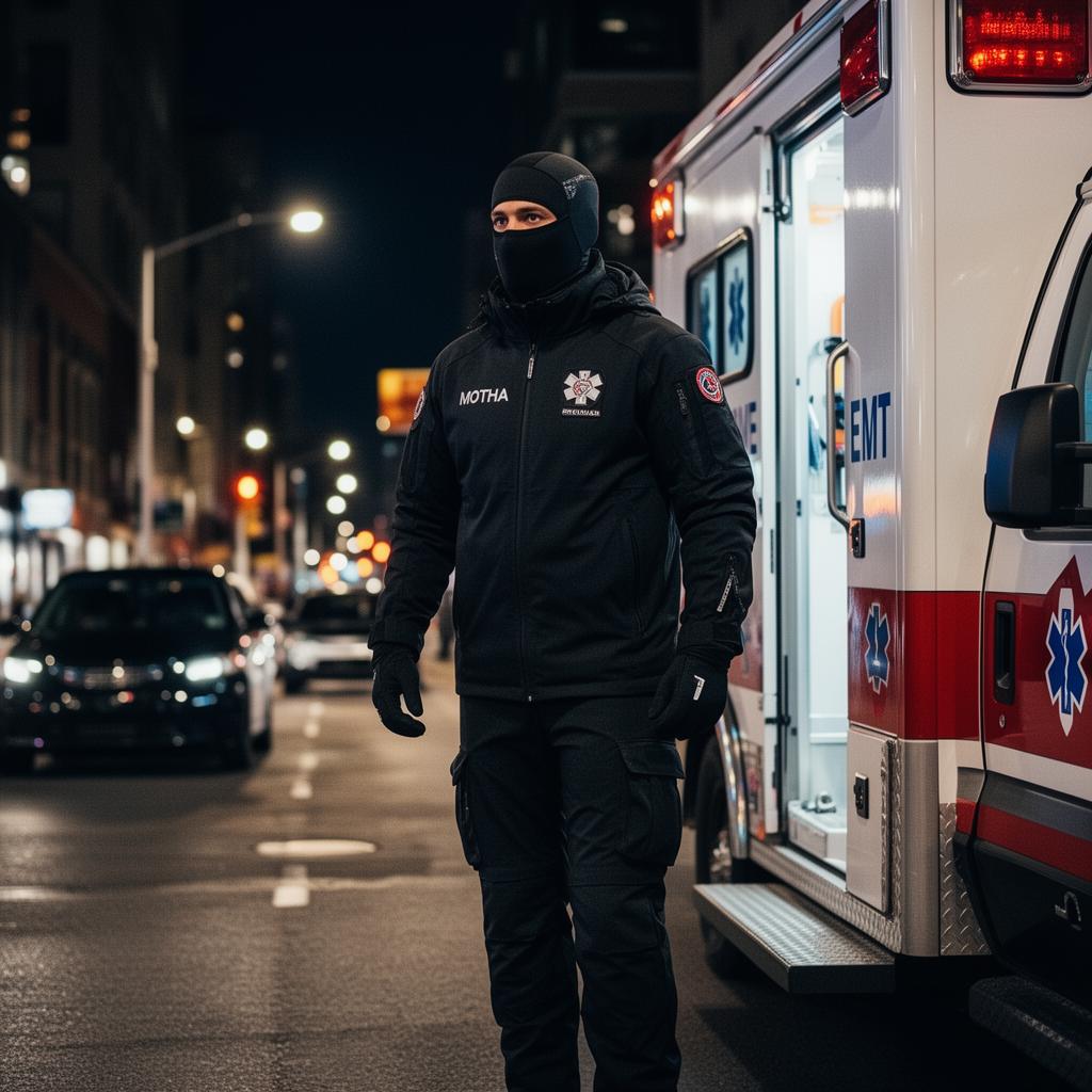 EMT in full Motha thermal gear responding on an urban street at night