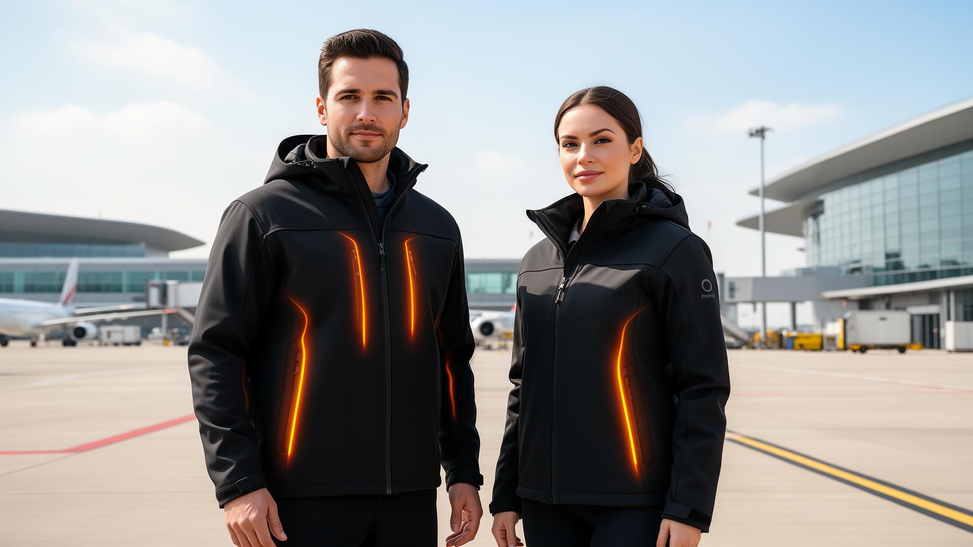 Workforce in matte-black smart thermal jackets at an airport