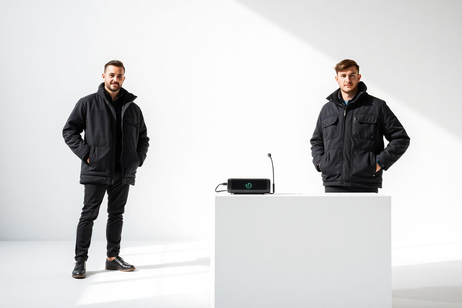 Matte black smart thermal jacket and vest with charging dock